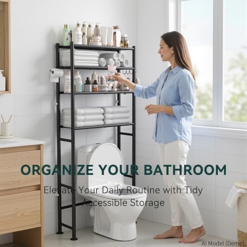 GloTika 4-Tier Over The Toilet Storage Shelves, Black | 200lb Total Capacity, Metal Bathroom Organizer with 36" Clearance, Includes Paper Holder & 4 Hooks, Suit for Small Space