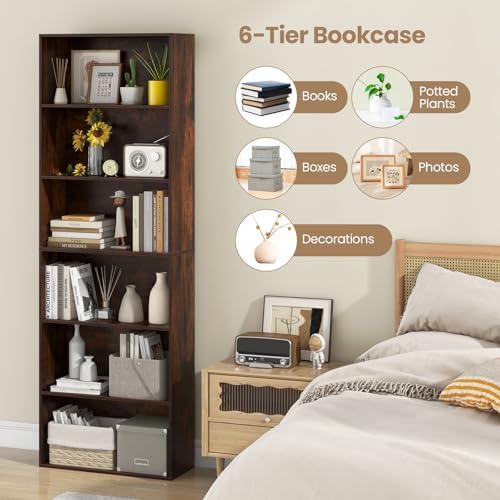 Giantex 6-Tier Bookcases Set of 2, 70" Tall Wooden Bookshelf, Freestanding Storage Organizer w/Open Shelves, Anti-Tipping Kits, Modern Floor Standing Display Shelves for Living Room, Rustic Brown