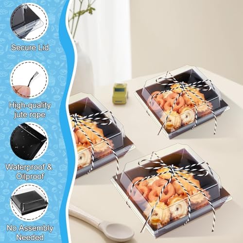 50 Pack Small Charcuterie Boxes with Clear Lids,5 inches Disposable Food Containers,Black Dessert Boxes with Thank You Stickers,Bakery Box for Sandwich, Strawberries,Cookie,Cake Slice(Black)