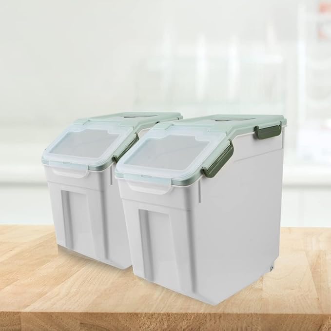 Saim 4Pack 25lbs Flour & Rice Storage Container Bin,Rice Dispenser (Green) | BPA free plastic with seal lid, rolling wheels and measuring scoop for rice, flour, cereal and grain one-hand scooping