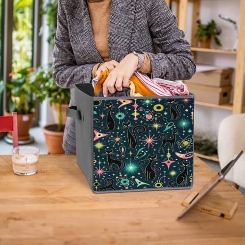 Black Cats Space Star Storage Bin with Handles, Oxford Fabric Foldable Storage Cube Organizer for Clothes, Towels, Bedroom, Living Room, Home Organization