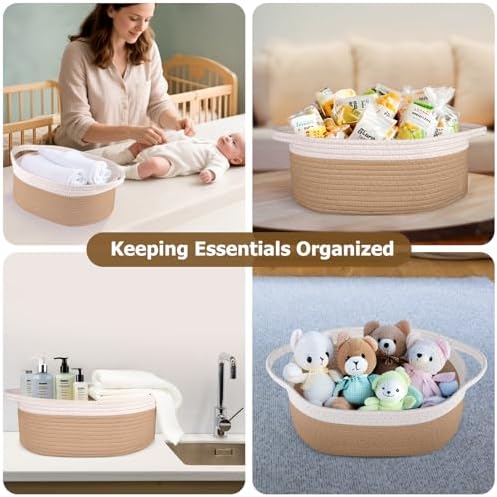 Small Woven Basket, 12" x 8" x 5" Gift Basket Empty with Ribbon and Gift Bag, Rope Basket for Baby Shower, Holiday Presents,Storage Basket with Handle for Nursery,Pet Toy Basket (White-Kaki)