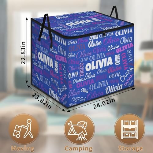 Personalized Name Foldable Storage Basket Cubes with Lid, Laundry Hamper Dirty Clothes Pet Toys Storage Bin with Handles for Shelf Home Closet Kitchen, Pink Purple Names Navy Blue Background
