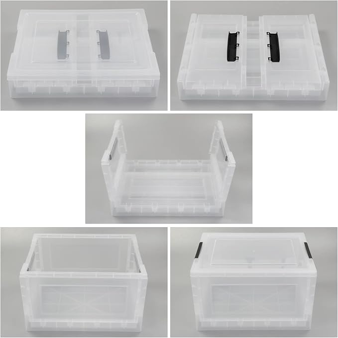 4-Pack 32 Quart Clear Collapsible Storage Bins with Lid | Clear Stackable Plastic Organizer Boxes, Foldable for Closet, Pantry, Dorm Storage