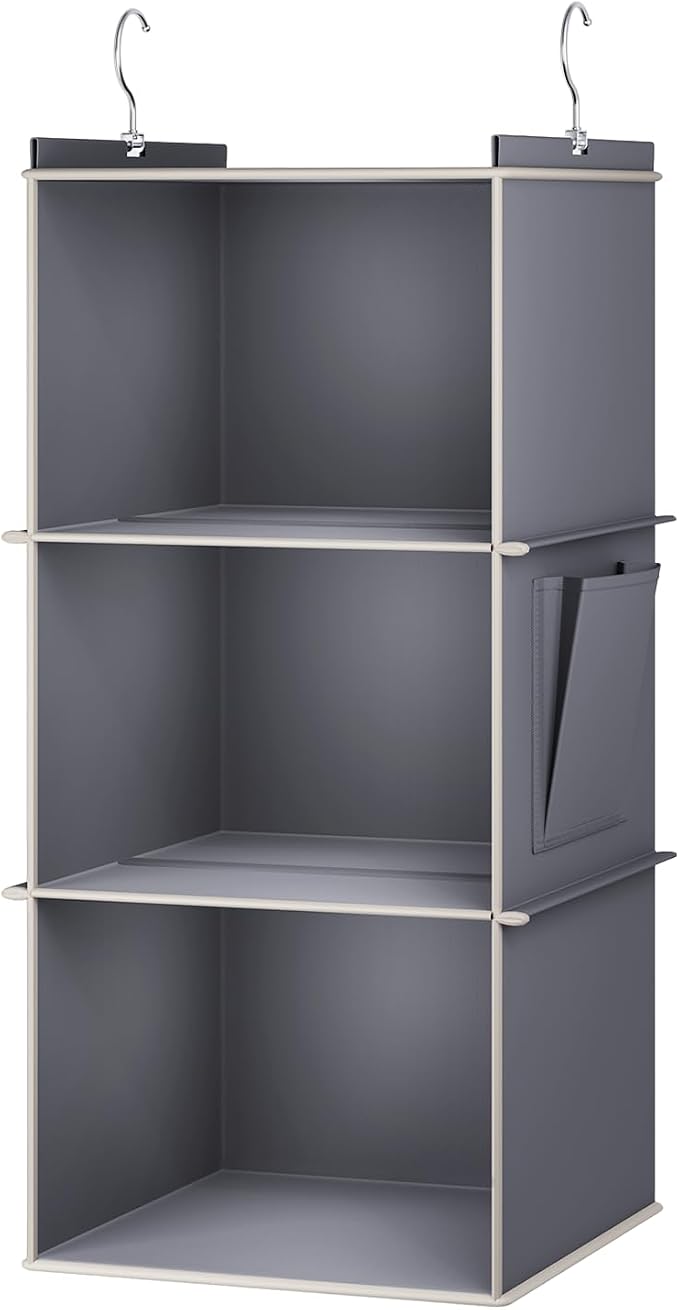 YOUDENOVA Hanging Closet Organizer and Storage for Clothes, 3-Shelf, Grey | Locker/RV/Camper Organizer, Side Pocket, Hanging Shelves for Small Closet, Dorm Room Essentials for Guys, Breathable Fabric