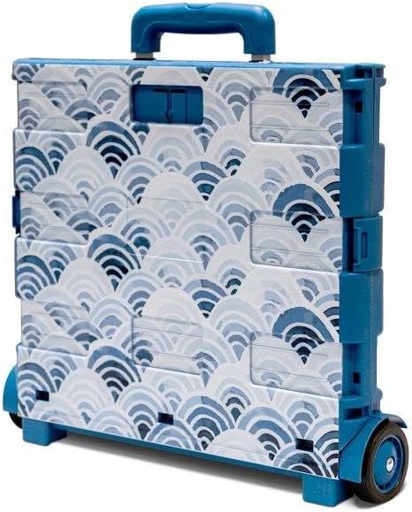 Inspired Living Ultra-Slim Rolling Collapsible Storage Pack-N-Roll Utility-carts, with Telescopic Handle, for Home, Garden, Shopping, Office, School use, Large, Blue, Wave Print