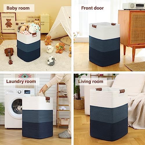 Laundry Hamper 96L Extra Large Laundry Basket, Woven Blanket Basket | Cotton Woven Storage Hamper with Handles for Living Room, Large Baskets for Pillows, Blankets, Clothes-Gradient Blue