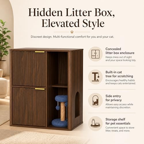 31.5 Inch Cat Litter Box Enclosure with Cat Tree Cabinet, Walnut | Hidden Litter Box Furniture with Dual Entry Doors, Storage Shelf, Sisal Scratching Post and Modern Side Table Design