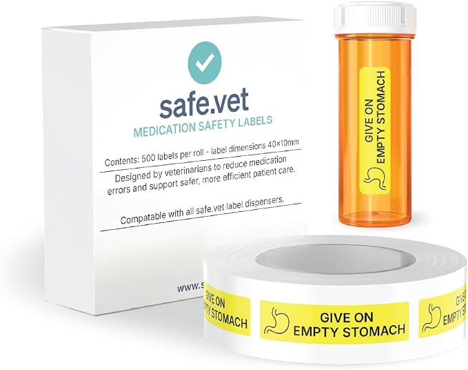 Dispensed Medication Veterinary Pharmacy Labels | Roll of 500 | Clinical-Grade Color-Coded Stickers for Medication Bottles (Give On Empty Stomach)