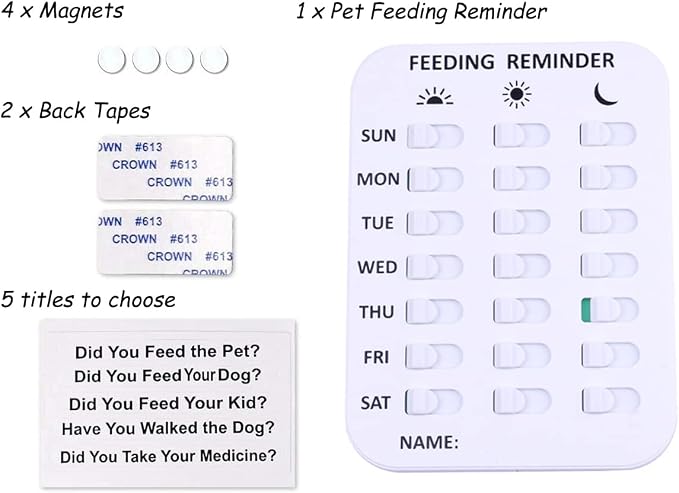 Pet Feeding Reminder for Dogs Cats - Magnetic Sticker 3 Times A Day Indication Chart Feed Your Pets, Magnets and Double Sided Tape, Did You Feed Your Dog Cat Fish Kid?
