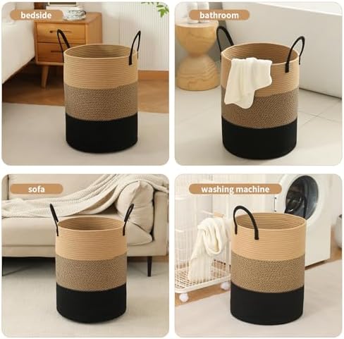 Laundry Basket Hamper Tall Rope Storage Woven for Blanket toys Dirty Clothes in Living Room Bathroom Bedroom (Jute Brown & Black, 60L/15.8Gal)
