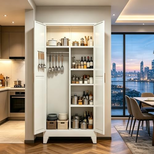 71" H Metal Garage Storage Cabinets,Broom Closet Storage Cabinet,Utility Cabinet,White Storage Cabinets