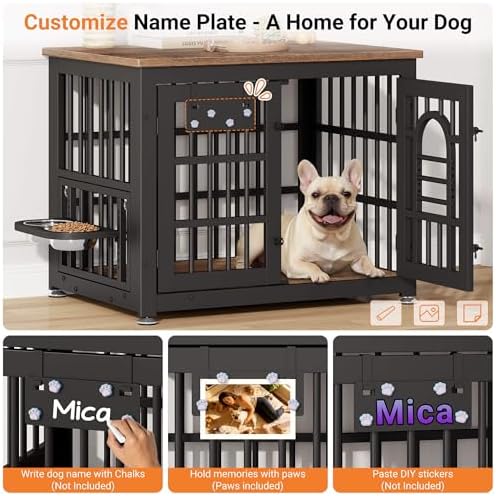 YaFiti 31.5" Dog Crate Furniture, Wooden Dog Kennel with Bowl, Rustic Brown | Adjustable 360° Rotating Feeder, Name Tag, for Small Dogs, Chew-Resistant, Heavy Duty, Side End Table, Decorative Pet Cage