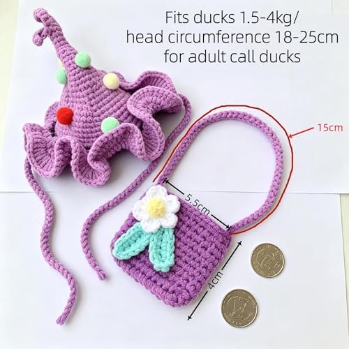 Handmade Crochet Hat & Bib Set for Call Duck - Soft Adjustable Knit Outfit with Flower Decoration, Cute Clothes for Pet Duck, Photo Prop & Daily Wear, Purple