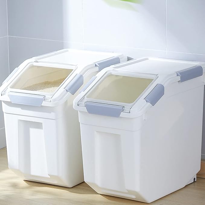 25lb Airtight Flour Storage Container, Gray | Includes Wheels & Scoop, 2-Pack, for Rice/Grain/Dog Food, Seal Locking Lid