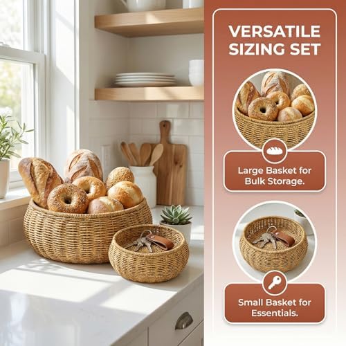 Round Rattan Boxes with Lid, Natural Woven Storage Basket Bin with Cover, Weaving Decorative Shelf Basket Snacks Tea Set Storage Box-13.78x13.78x8.27inch