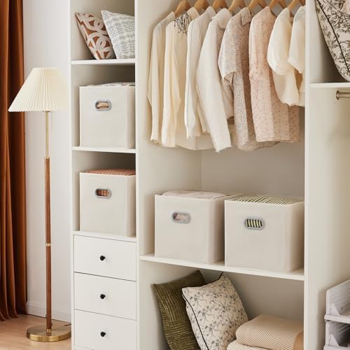 MAX Houser 6 Pack Foldable Fabric Storage Bins with Handles, Beige 12 inch | foldable cube storage bins with dual carry handles. 12"x12"x12" size fits cube closet organizers.Closet & Bedroom Organizer
