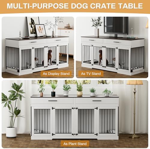 OUYESSIR Dog Crate Furniture, 72.05 Inch Large Dog Kennel with Dog Bowls & 2 Drawers, Wooden Double Dog House with Doors & Divider, Indoor Heavy Duty Dog Cage for Medium Large Dogs, White