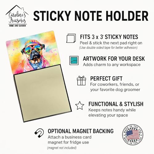 Caroline's Treasures Pug Hippie Dawg Sticky Note Holder Refillable Dispenser Self-Sticky Note Pads, Memo Pads Blank Desk Accessories