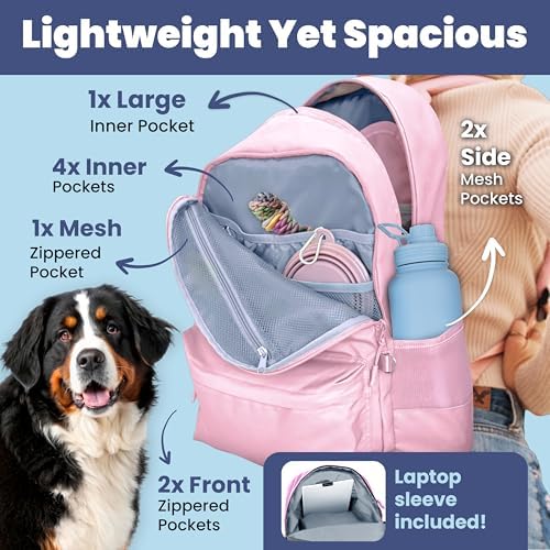 Rubyloo The Original Doggy Bag Backpack (Dusty Pink) & 32 oz Insulated Water Bottle with Attached 8 oz Bowl (Dog Mom) – Dog Travel Backpack & Hydration Set