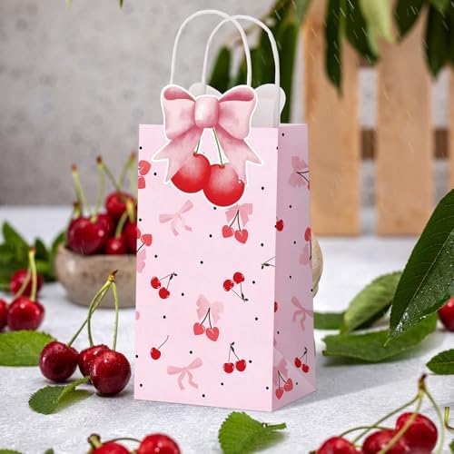 16 Pcs Pink Cherry Bow Party Favor Bags Kraft Paper Goodie Bags with Handle 3D Bow Double-sided Printing Treat Bag for Birthday Baby Shower Wedding Bridal Shower Summer Fruit Themed Party