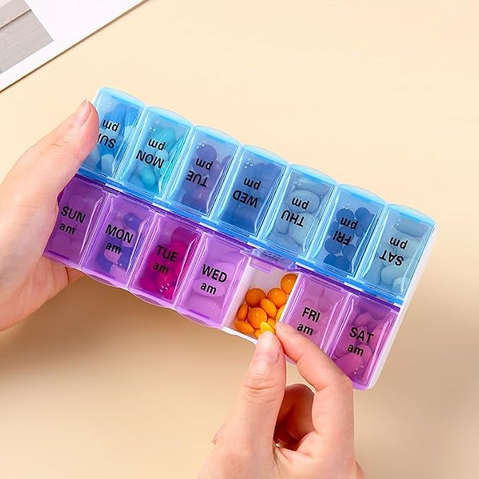 Weekly Pill Organizer Case, Travel Daily Medicine Meds Dispenser | Twice a Day, Vitamin Tablet Container Planner Box for Medication, Fish Oil, Capsule, AM, PM, Morning, Bedtime, Purple + Blue