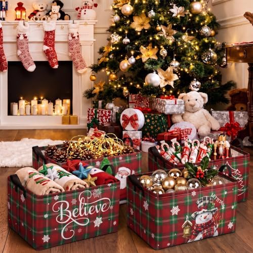 Chunful 4 Pcs 4 Pack Christmas Storage Baskets for Gifts Collapsible Red and Green Tartan Plaid Christmas Let It Snow Laundry Storage Bins Foldable Box with Handles for Home Bedroom Office Containers