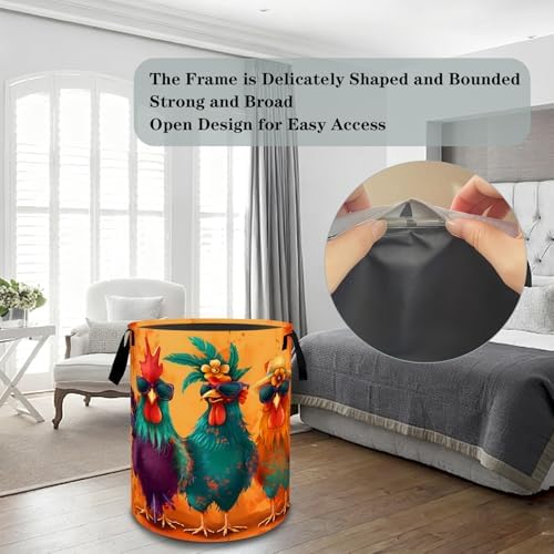 Funny Chicken Laundry Basket Hamper, Organizer Bins Gifts for Women Kids, Cool Rooster Farmhouse Foldable Waterproof Clothes Hamper Handles Storage Bucket for Bedroom Bathroom Room Decor 19.7"x15.7"