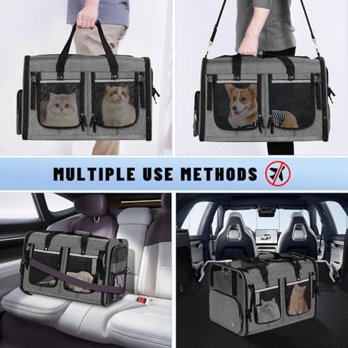 Cat Carrier for 2 Cats, Foldable Double Cat and Dog Carrier, Small to Medium Size, 2 Front Zippered Compartments,Two Pets Carrier for Travel,Mulitple Cat Carrier (Dark Gray with Flat Pocket)