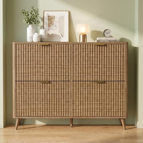KIGOTY Narrow Shoe Storage Cabinet, Shoe Cabinet with 4 Flip Drawers, Freestanding Shoe Organizer with Legs for Entryway, Slim Shoe Rack Cabinet for Enterway (Light Brown, 4 Flip Drawer)