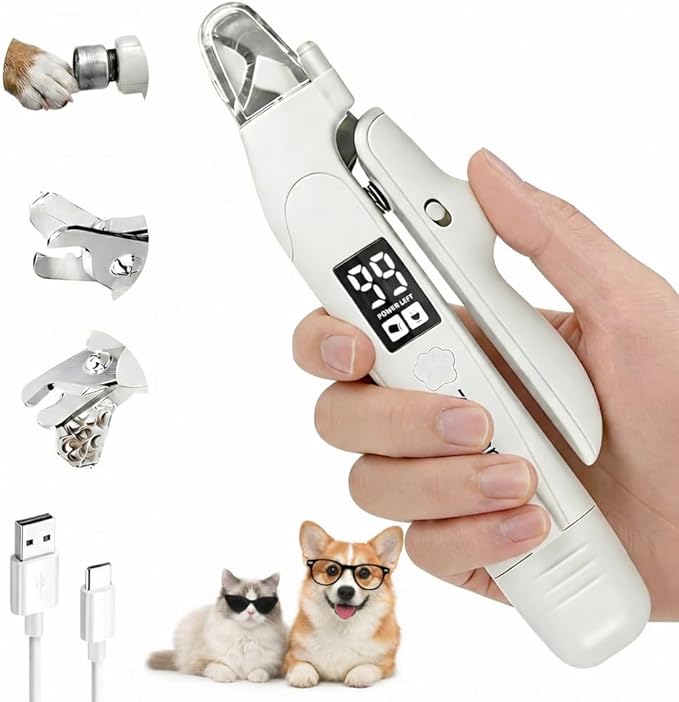 2-in-1 Dog & Cat Nail Clipper and Grinder with LED Light, Low-Noise Electric Pet Nail Trimmer, Safety Lock & Nail Catcher, USB-C Rechargeable, 3 Grinding Ports for Cats & Small to Medium Dogs