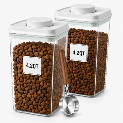 Pet Dog-Cat Airtight Food Storage-Container - 4.2Qt/4L jar(2Pc) with lid and 1/4Cup scoop | Holds 6–10 pounds of dry pet food | BPA-Free