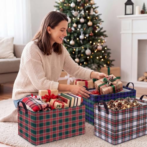 Breling 4 Pcs Christmas Plaid Baskets for Gifts Empty Checkered Christmas Storage Basket with Handles Storage Collapsible Boxes Organizer Decorations for Xmas Birthday Holiday Party Decor