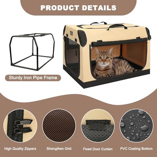 X-ZONE PET 3-Door Portable Soft-Sided Folding Soft Dog Travel Crate Collapsible Pet Kennel,XX-Large, 40 x 27 x 27 Inches,Tan