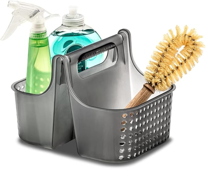 madesmart Shower Tote with Soft Grip Handle, Carbon | silicone handle, ventilated sides, portable carry, shampoo soap razors, dorm bathroom, woman owned