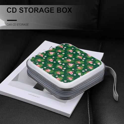 Portable DVD CD Organizer Wallet Flroal Palm Leaf Flamingo Green, 40-Capacity Hard Case with Strap, Protective Storage Binder for Car Home