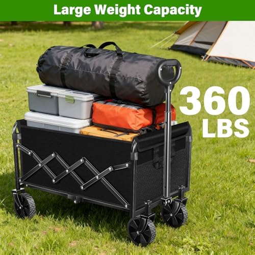 Collapsible Wagon Cart, Folding Cart with 360LBS Capacity, Black | All-Terrain Wheels & Flexible Handle, Heavy Duty Utility Wagon for Grocery Camping Garden Shopping Sports