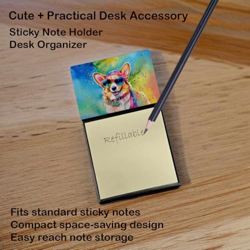 Caroline's Treasures Corgi Hippie Dawg Sticky Note Holder Refillable Dispenser Self-Sticky Note Pads, Memo Pads Blank Desk Accessories