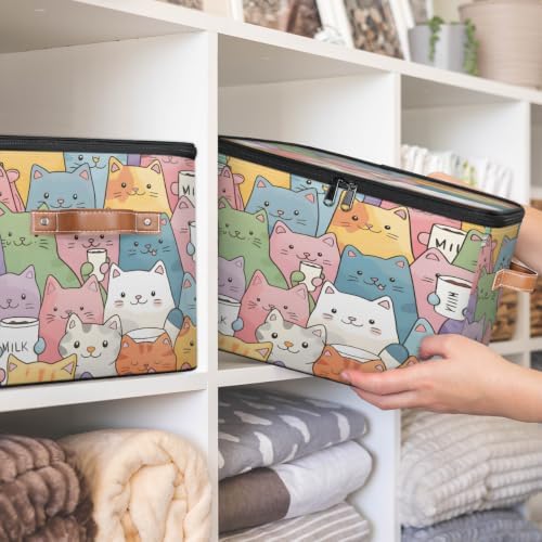 Cute Cartoon Cats Storage Box with Zipper Lid | Collapsible, Fabric, Storage Bin, Handle, Large, Closet Organizer, Containers, Bedroom, Home, Cat