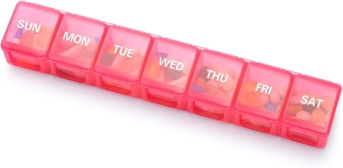 Sukuos Extra Large Weekly Pill Organizer, 7 Day Daily Pill Box Case Arthritis Friendly, Silkscreen Printed Medicine Container with Clear Lid for Vitamins, Fish Oils or Supplements (Pink)