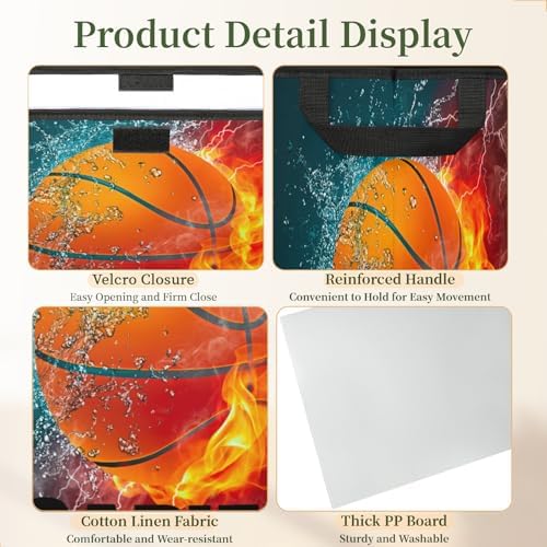 Basketball Storage Bin with Lid Personalized Storage Baskets for Organizing Foldable Closet Organizers with Handles,Cute Basket for Boys Girls for Clothes Blanket Pet Dog Toy Basket Storage (2 Pack)