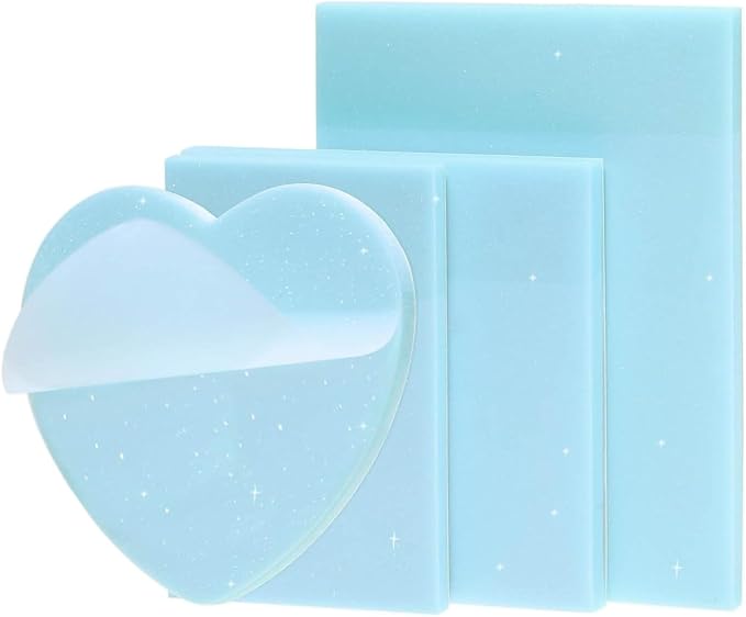 4pack Translucent Mixed Shape Glitter Sticky Notes for Annotating,Pastel Color Self-Stick Tabs Blank Index Sticker Funny Memo Pad Soft PET Page Flag for Organizer,Office,Valentines Day (Blue)