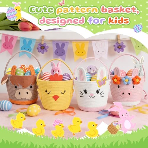 Small Woven Storage Basket with Handle, Cute Cartoon Cow Baskets for Gift Empty, Cotton Rope Storage Basket for Toy Organizer