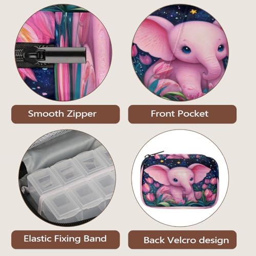 Weekly Pill Organizer Travel Size Bag with Removable 7 Day Pill Box Portable Vitamin Case Purse with Zipper,Pink Baby Elephant Starry