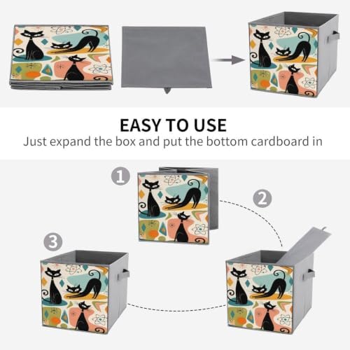 Black Cats Abstract Storage Bin with Handles, Oxford Fabric Foldable Storage Cube Organizer for Clothes, Towels, Bedroom, Living Room, Home Organization