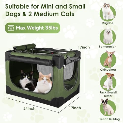 24 Inch Collapsible Soft Dog Crate for Small Dogs, Travel Dog Crate Green | Portable Dog Crate Soft Sided, 4-sided Mesh Vents, Foldable with Storage Bag, Fit Small Dogs & Large Cats, Indoor/Outdoor