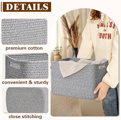 Storage Baskets for Organizing, 4 Pack Baskets for Shelves, Decorative Storage Bins for Shelves, Cotton Rope Storage Basket with Handles, Woven Basket for Storage, 13''Lx8.7''Wx7.9''H, Gray