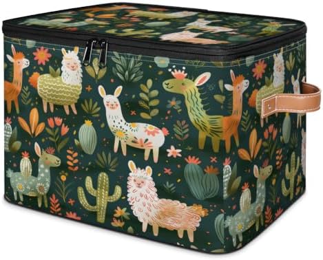 Llama Alpaca Storage Box with Zipper Lid | Collapsible, Fabric, Storage Bin, Handle, Large, Closet Organizer, Containers, Bedroom, Home, Tropical Plant Cactus
