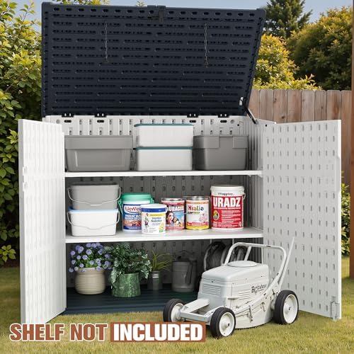 TUOZE 34 Cu Ft Resin Storage Shed, Waterproof Outdoor Storage Cabinet with Sloping Roof & Lockable Lid for Garden Tools, Trash Cans (Beige)