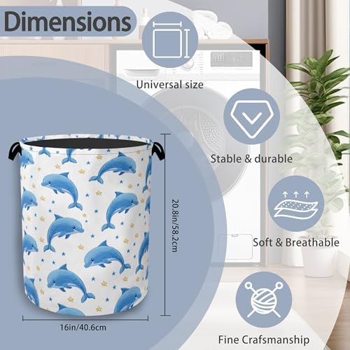 Cute Dolphins Laundry Basket,Stars Foldable Oxford Cloth Tote Bag Laundry Hamper Clothes Storage Bucket Organizer for Bedroom Laundry Storage Dormitories 16" x 20.8"